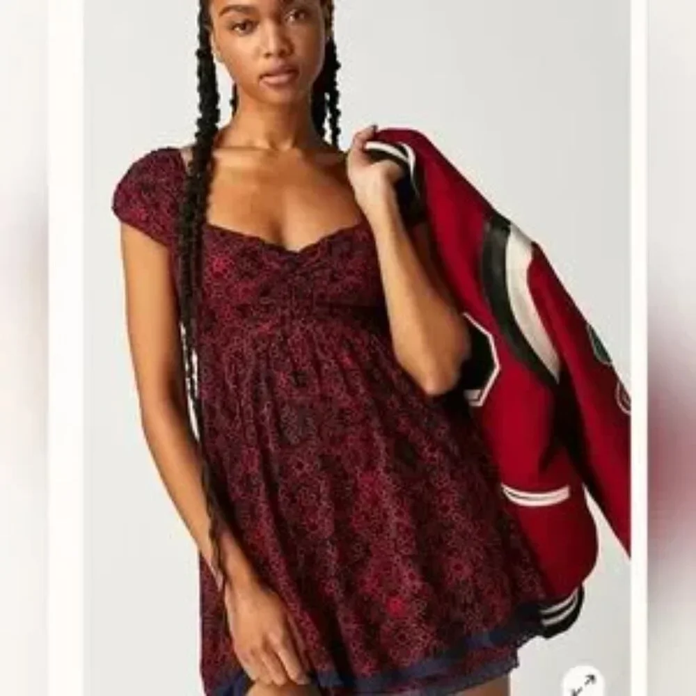 Free People Tabitha Floral Sweetheart Neck Cap Sleeve Babydoll Mini Dress M NWT